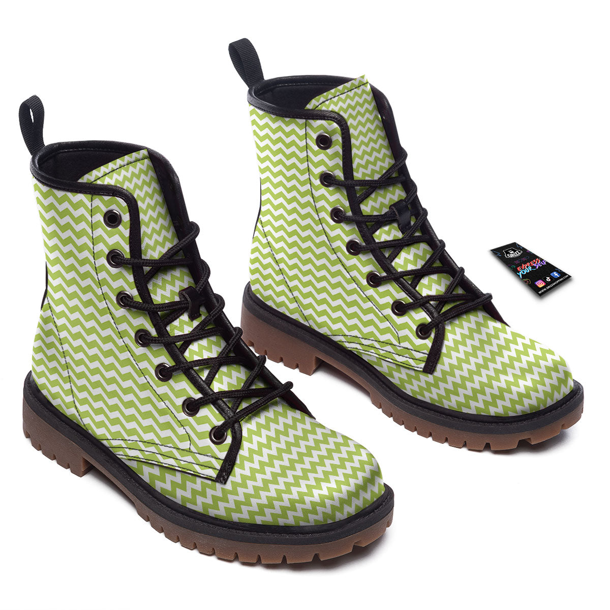 Chevron White And Green Print Pattern Work Boots-grizzshop