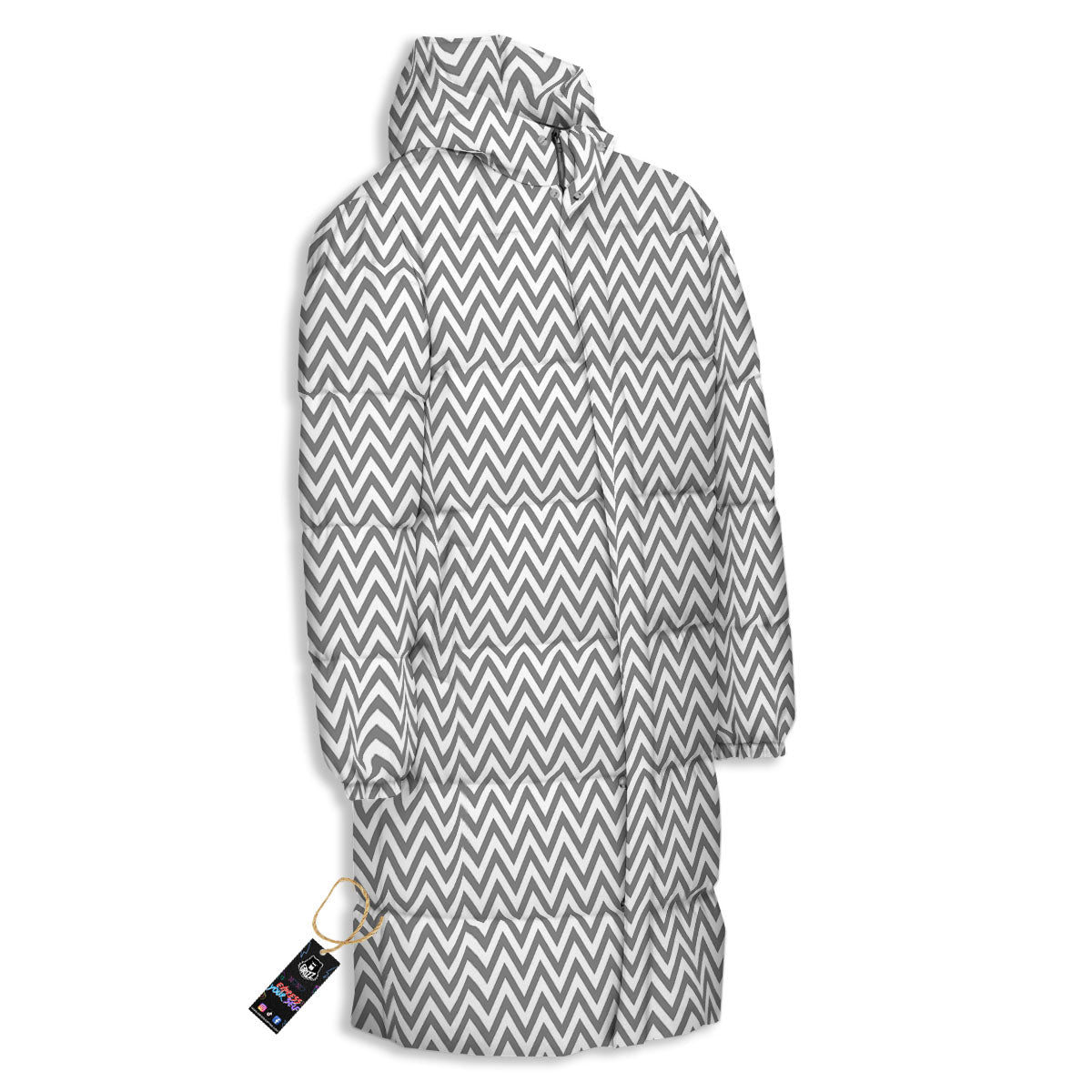 Chevron White And Grey Print Pattern Long Down Jacket-grizzshop