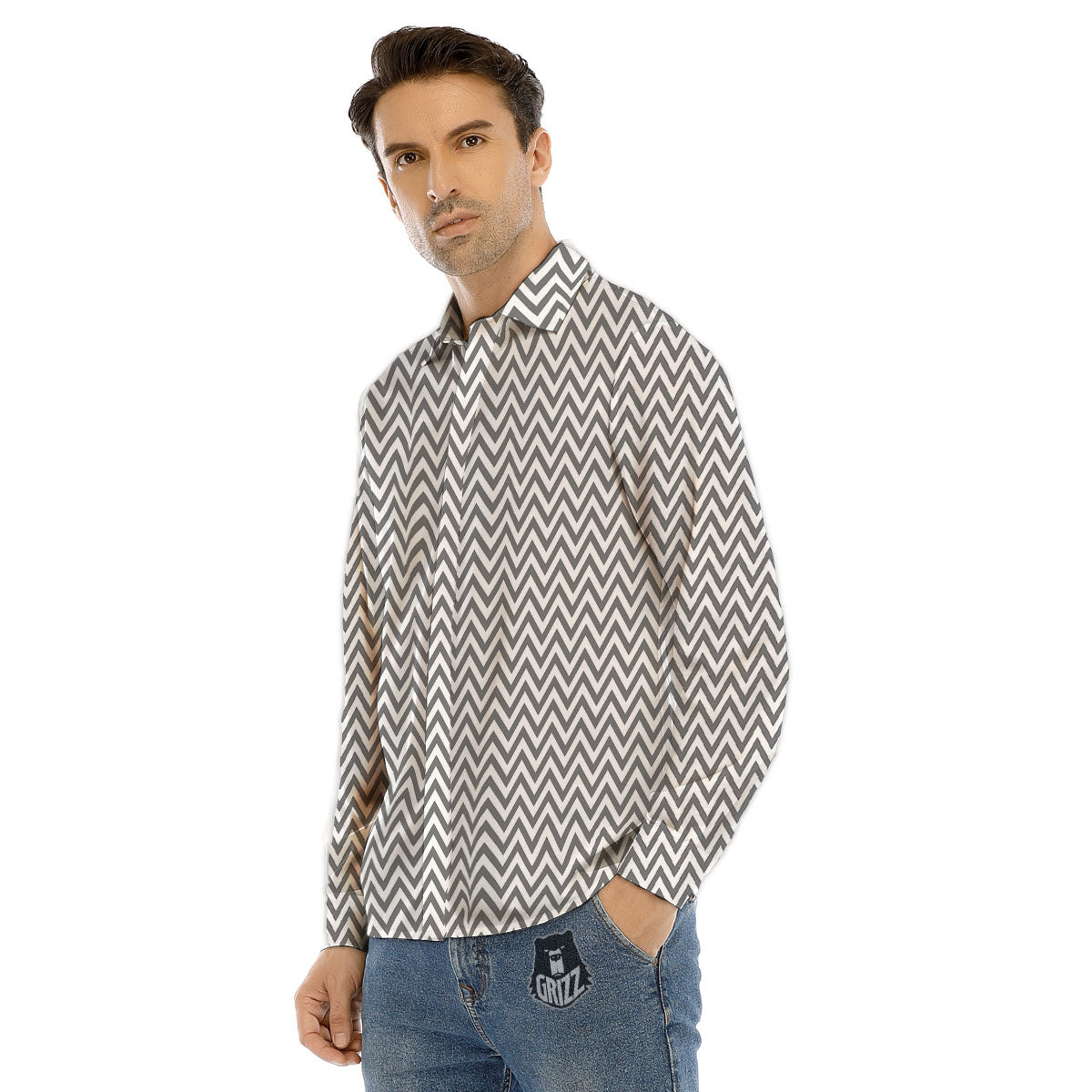Chevron White And Grey Print Pattern Men's Dress Shirts-grizzshop