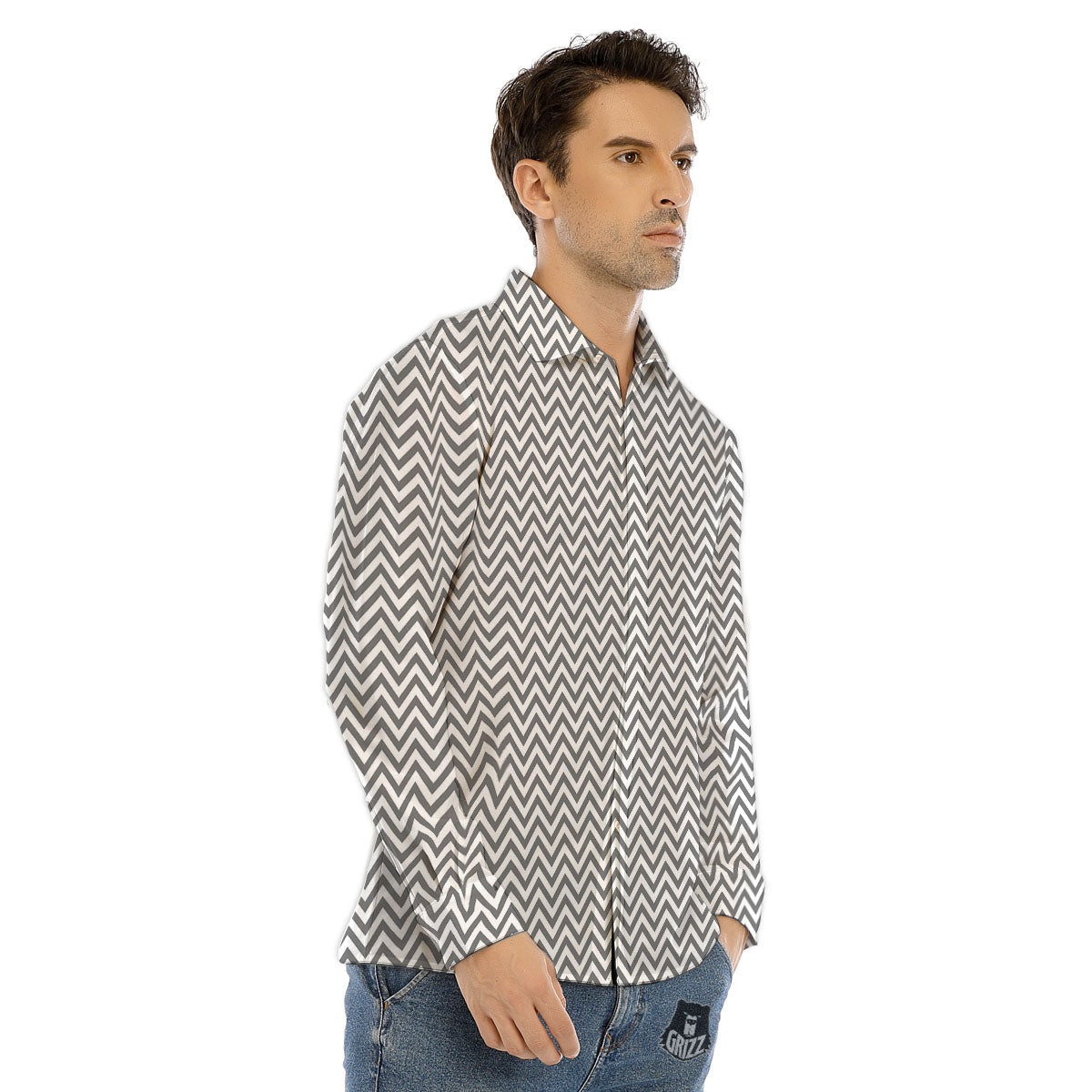 Chevron White And Grey Print Pattern Men's Dress Shirts-grizzshop