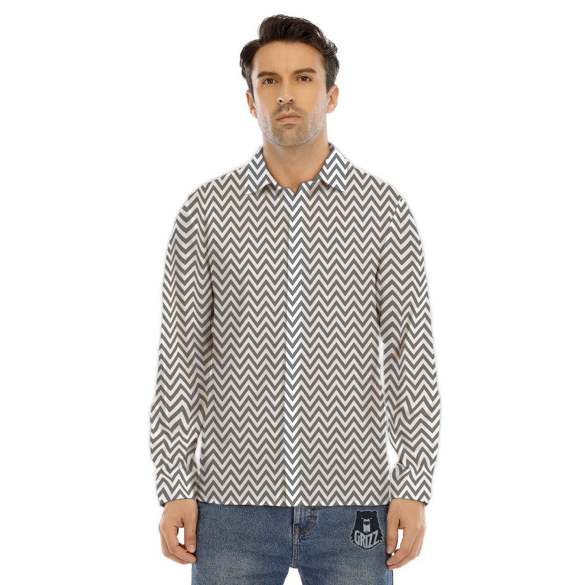 Chevron White And Grey Print Pattern Men's Dress Shirts-grizzshop