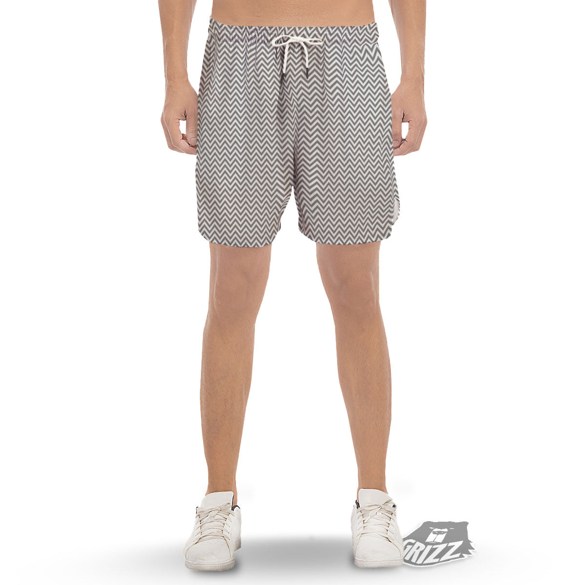 Chevron White And Grey Print Pattern Men's Gym Shorts-grizzshop