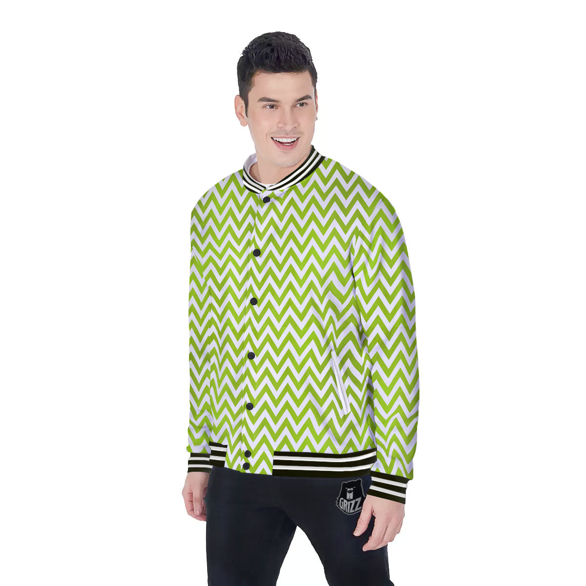 Chevron White And Lime Green Print Baseball Jacket-grizzshop