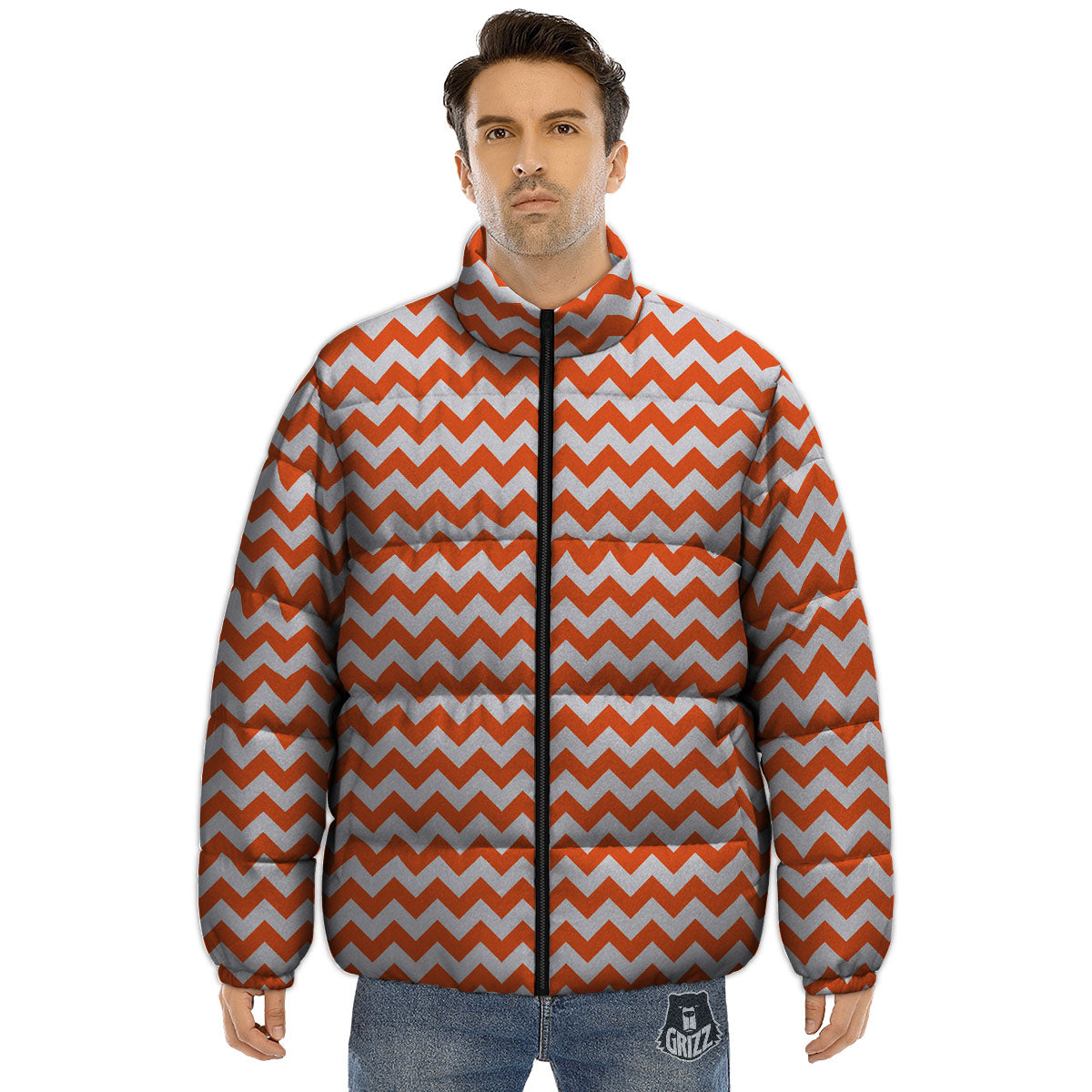 Chevron White And Orange Print Pattern Puffer Jacket-grizzshop