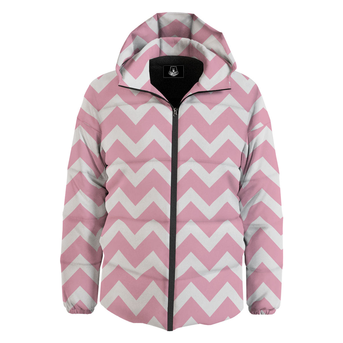 Chevron White And Pink Print Pattern Down Jacket-grizzshop