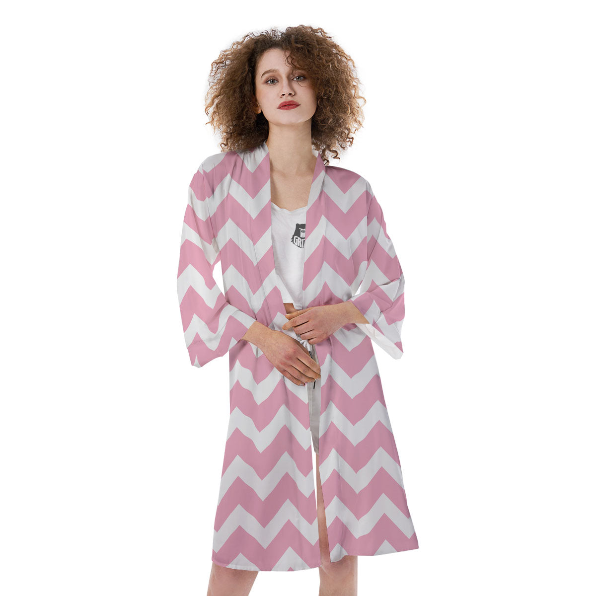 Chevron White And Pink Print Pattern Kimono-grizzshop