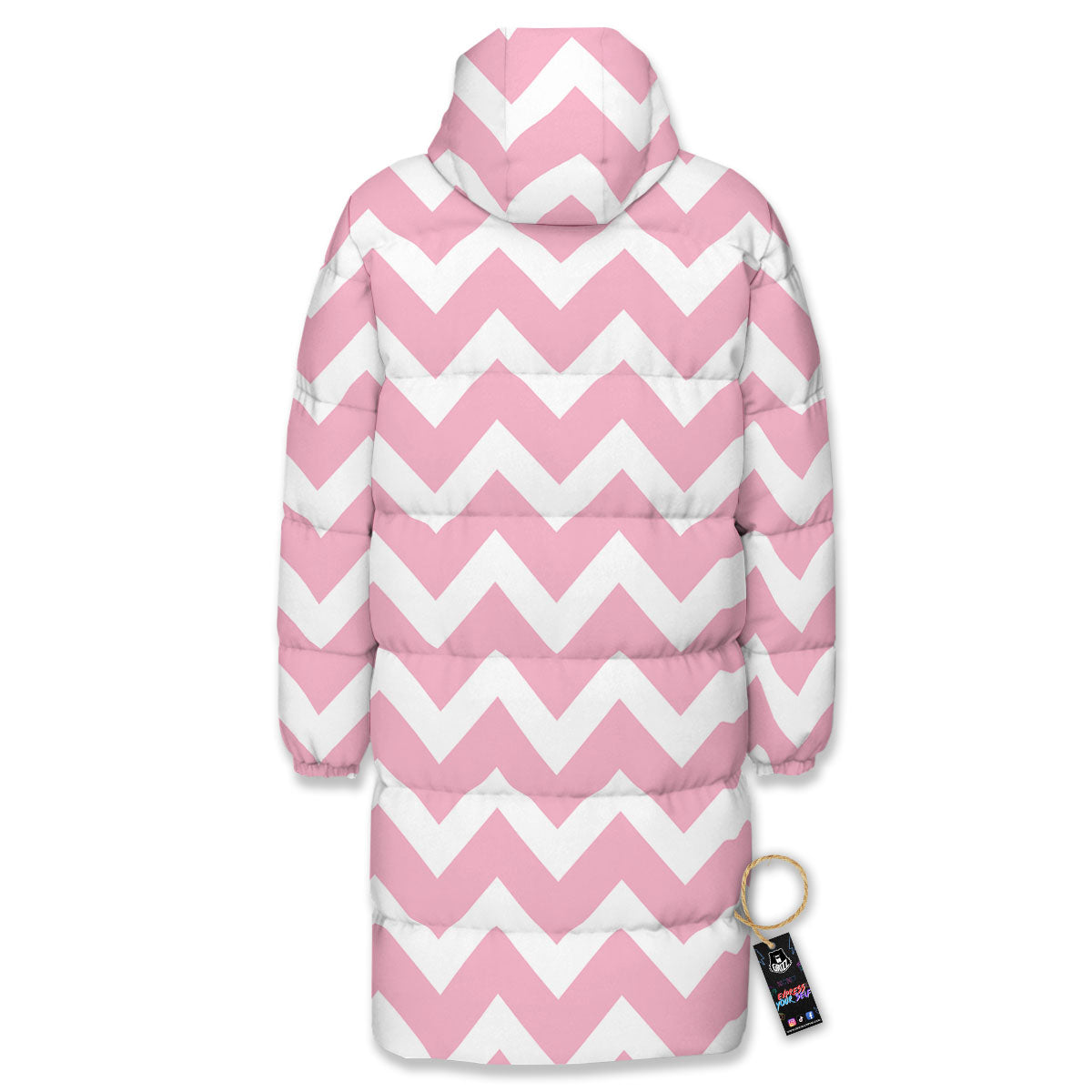 Chevron White And Pink Print Pattern Long Down Jacket-grizzshop