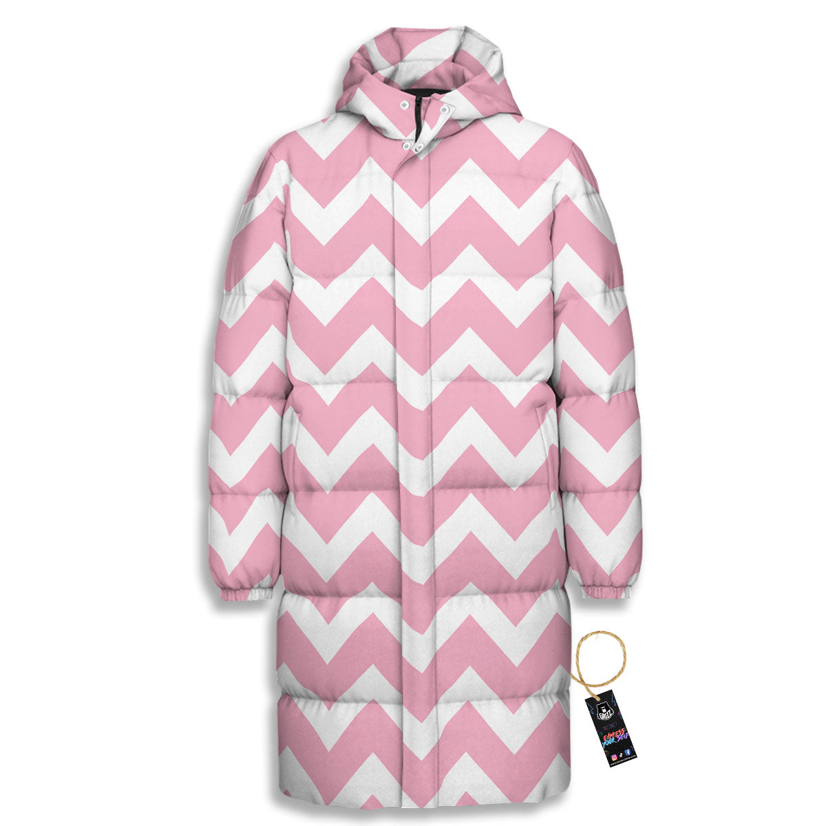 Chevron White And Pink Print Pattern Long Down Jacket-grizzshop