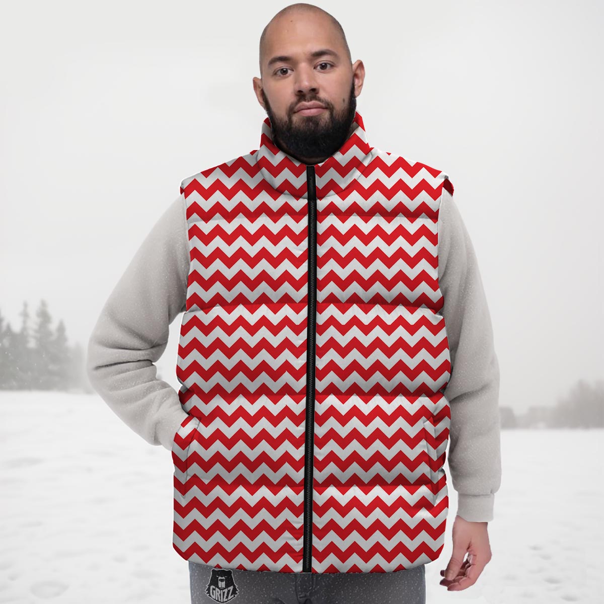 Chevron White And Red Print Pattern Down Vest-grizzshop