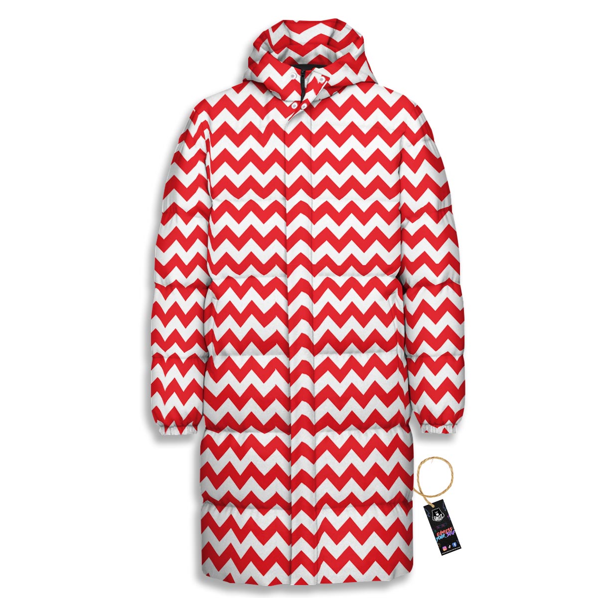 Chevron White And Red Print Pattern Long Down Jacket-grizzshop