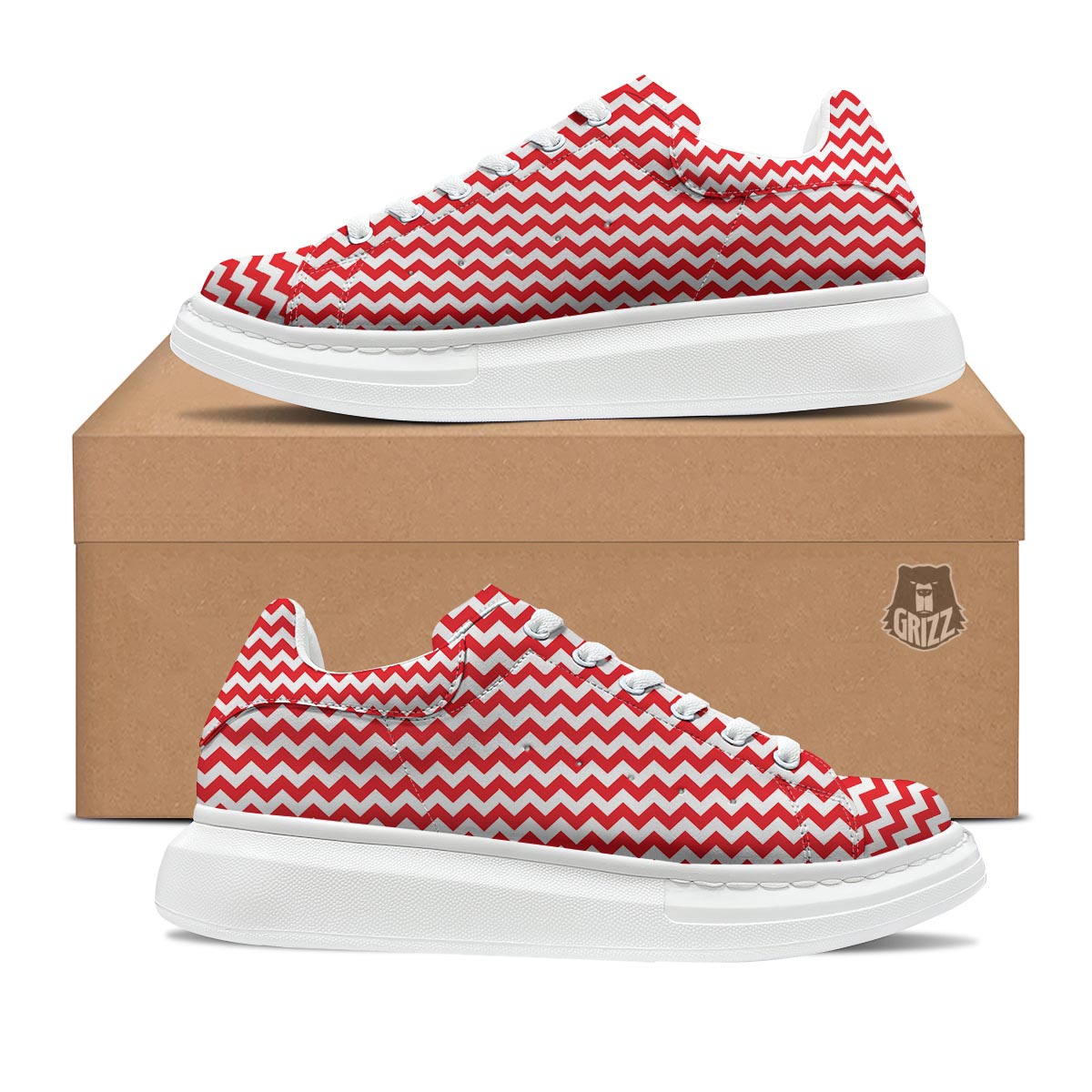 Chevron White And Red Print Pattern Platform Shoes-grizzshop