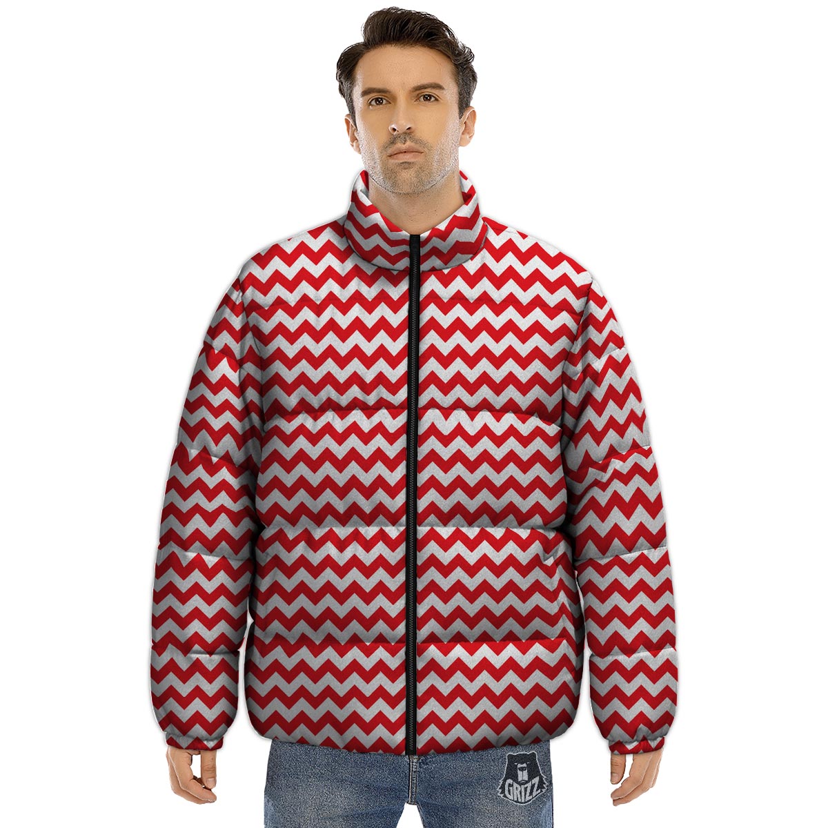 Chevron White And Red Print Pattern Puffer Jacket-grizzshop