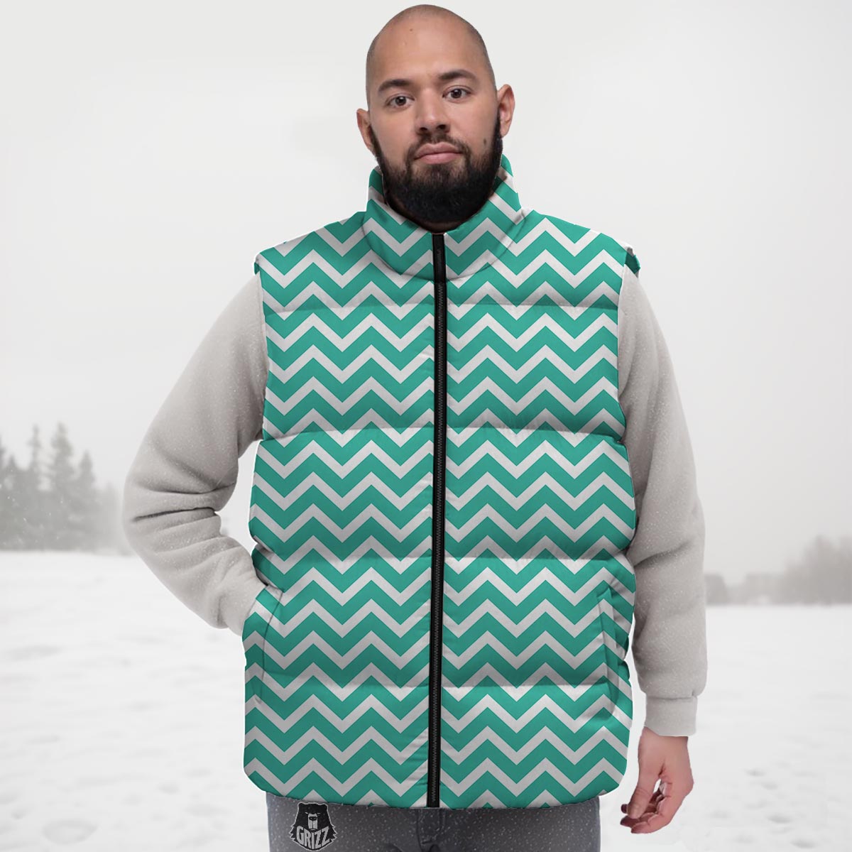 Chevron White And Teal Print Pattern Down Vest-grizzshop