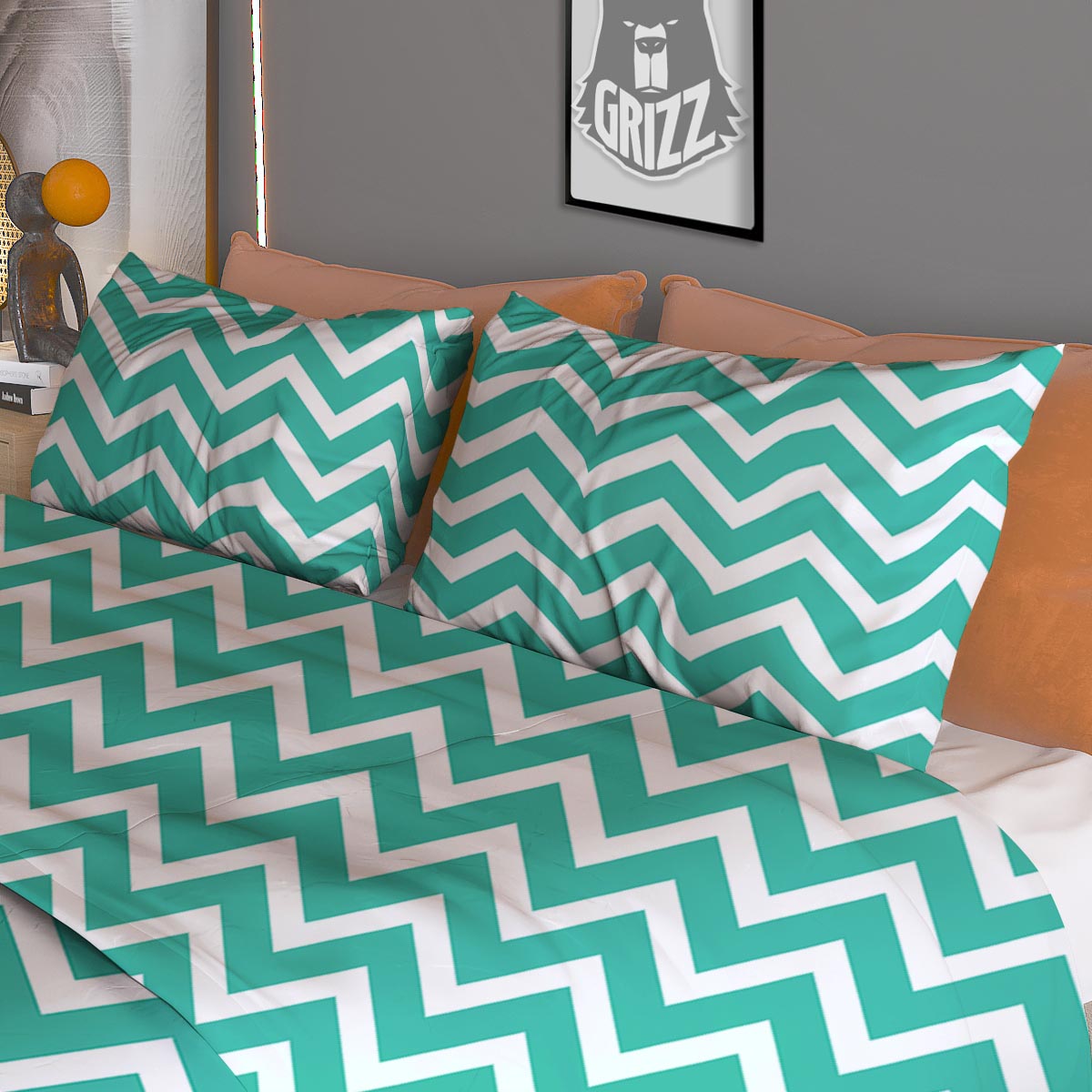 Chevron White And Teal Print Pattern Duvet Cover Bedding Set