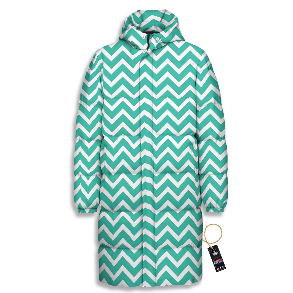 Chevron White And Teal Print Pattern Long Down Jacket-grizzshop