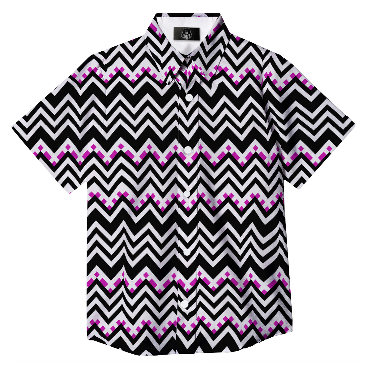 Chevron Zigzag Black Pink Print Pattern Button Up Shirt-grizzshop