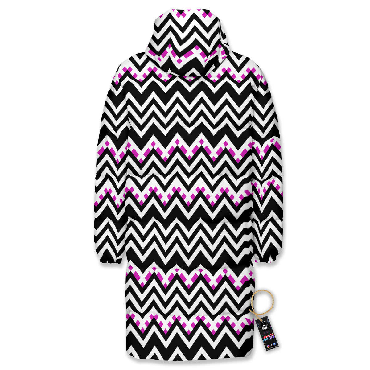 Chevron Zigzag Black Pink Print Pattern Long Down Jacket-grizzshop