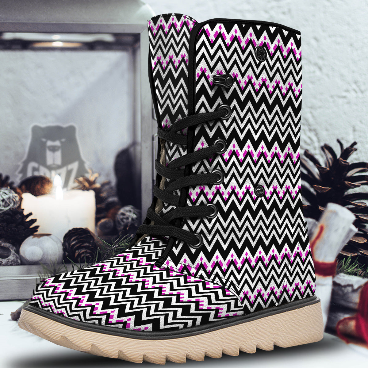 Chevron Zigzag Black Pink Print Pattern Snow Boots-grizzshop