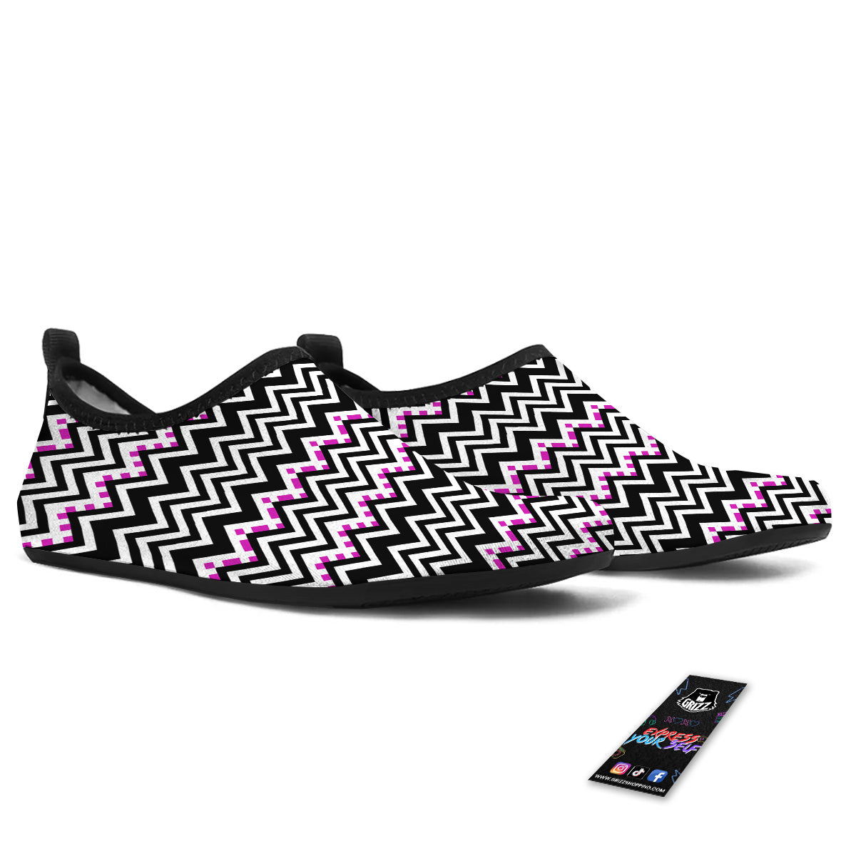 Chevron Zigzag Black Pink Print Pattern Water Shoes-grizzshop