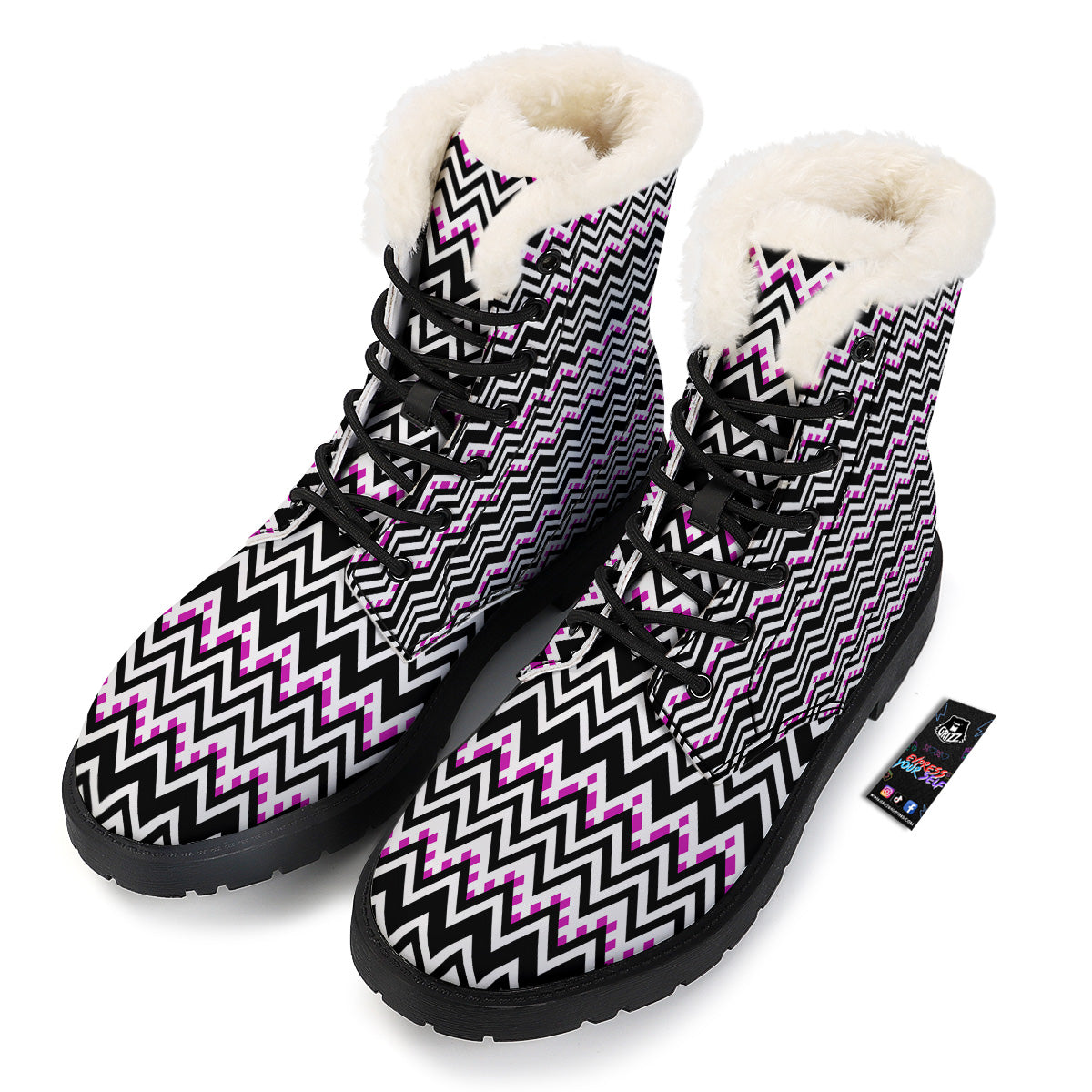 Chevron Zigzag Black Pink Print Pattern Winter Boots-grizzshop