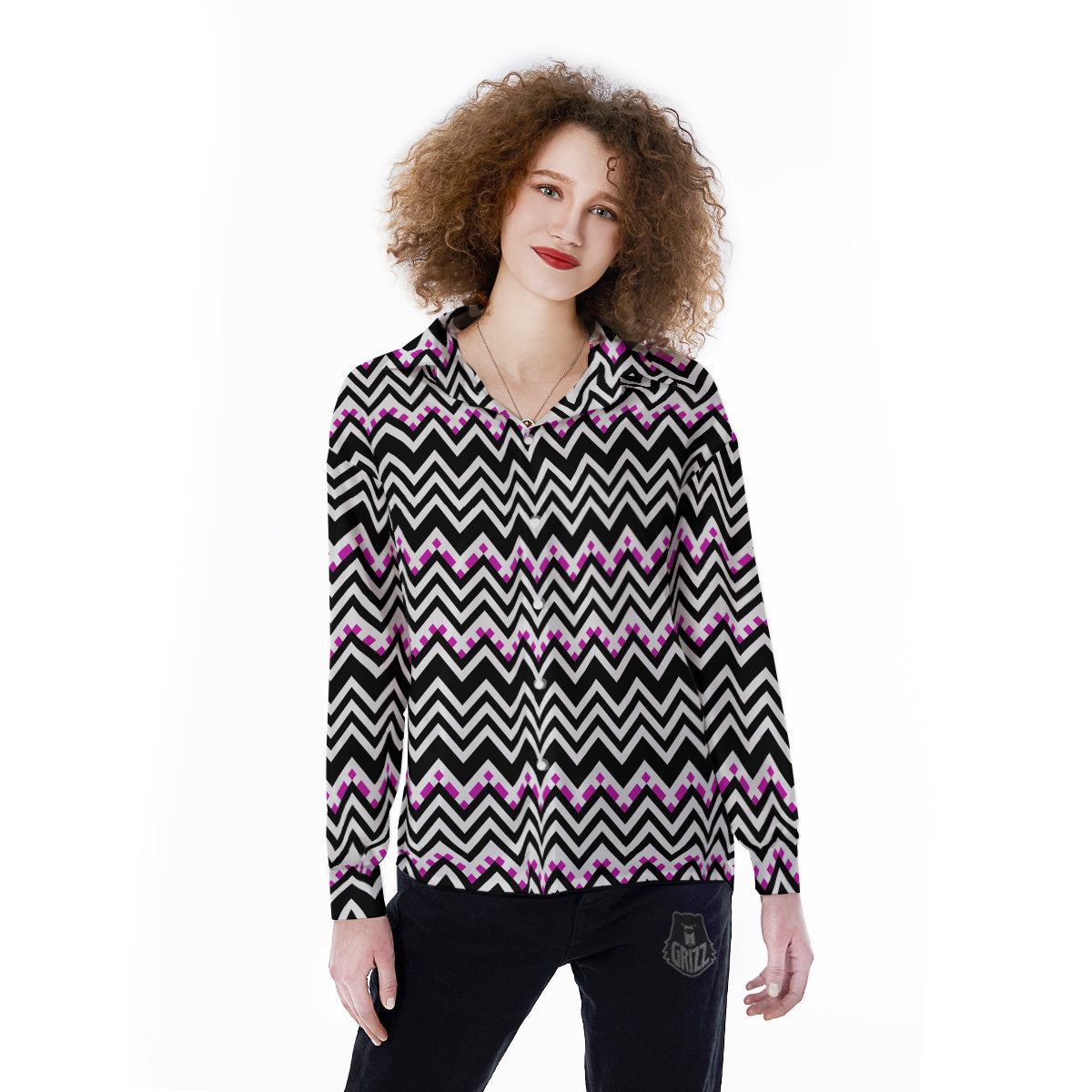 Chevron Zigzag Black Pink Print Pattern Women's Long Sleeve Shirts-grizzshop