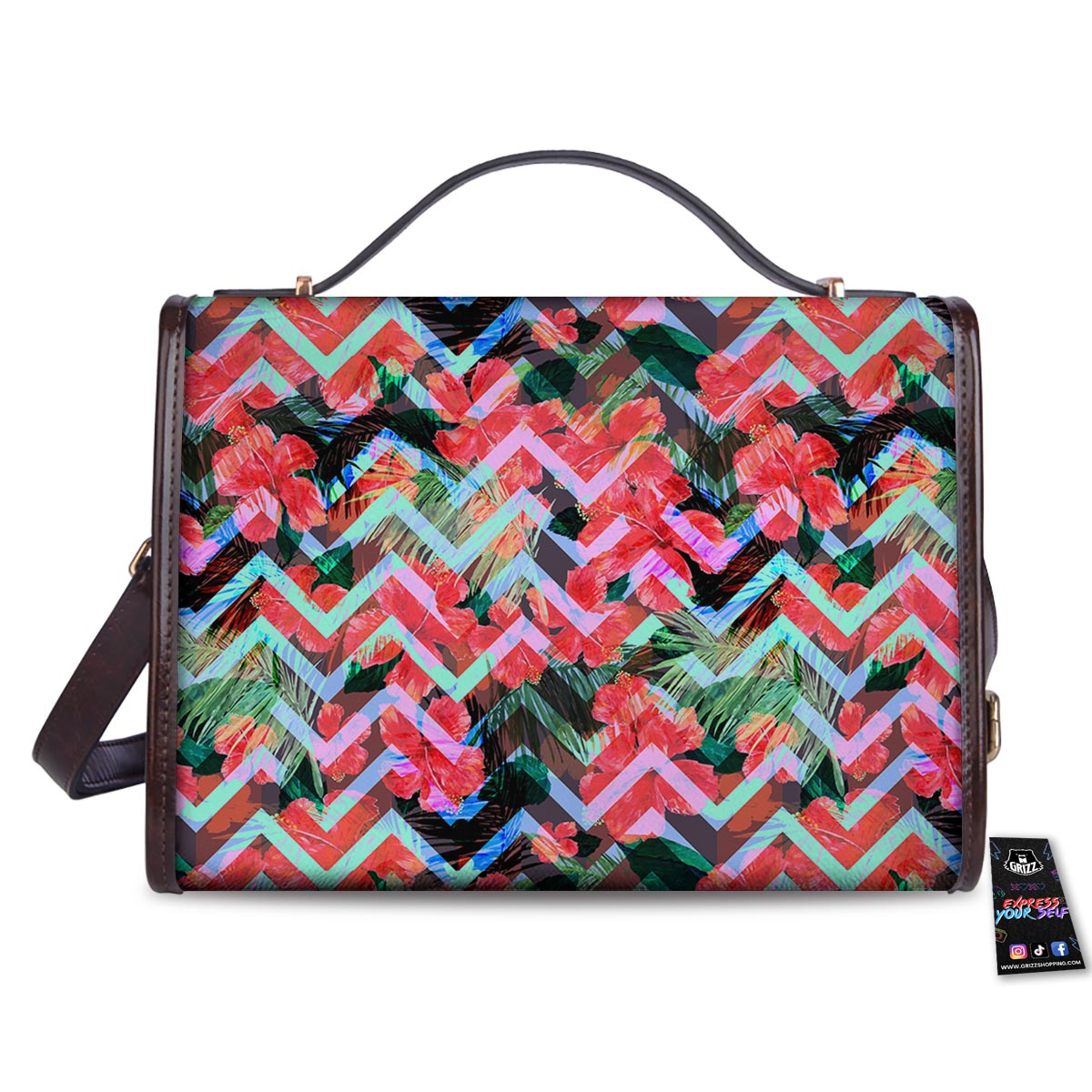 Chevron Red Hibiscus Print Pattern Women's Satchel Bag