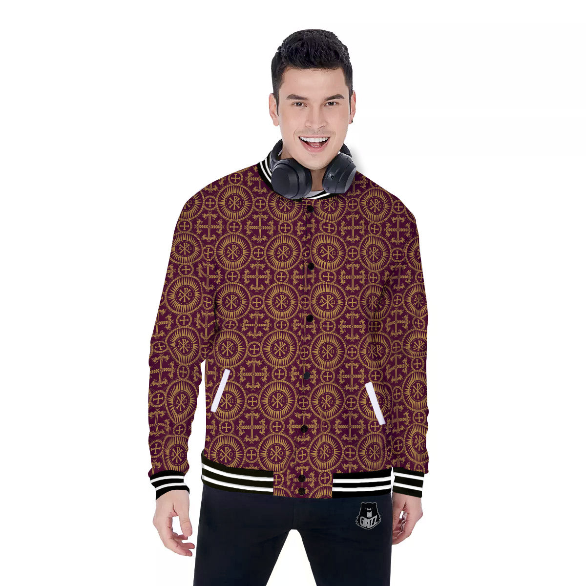 Chi Rho Print Pattern Baseball Jacket-grizzshop