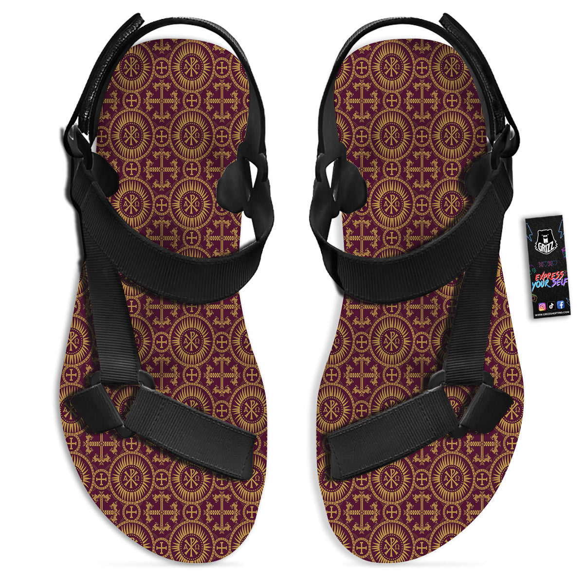 Chi Rho Print Pattern Black Open Toe Sandals-grizzshop