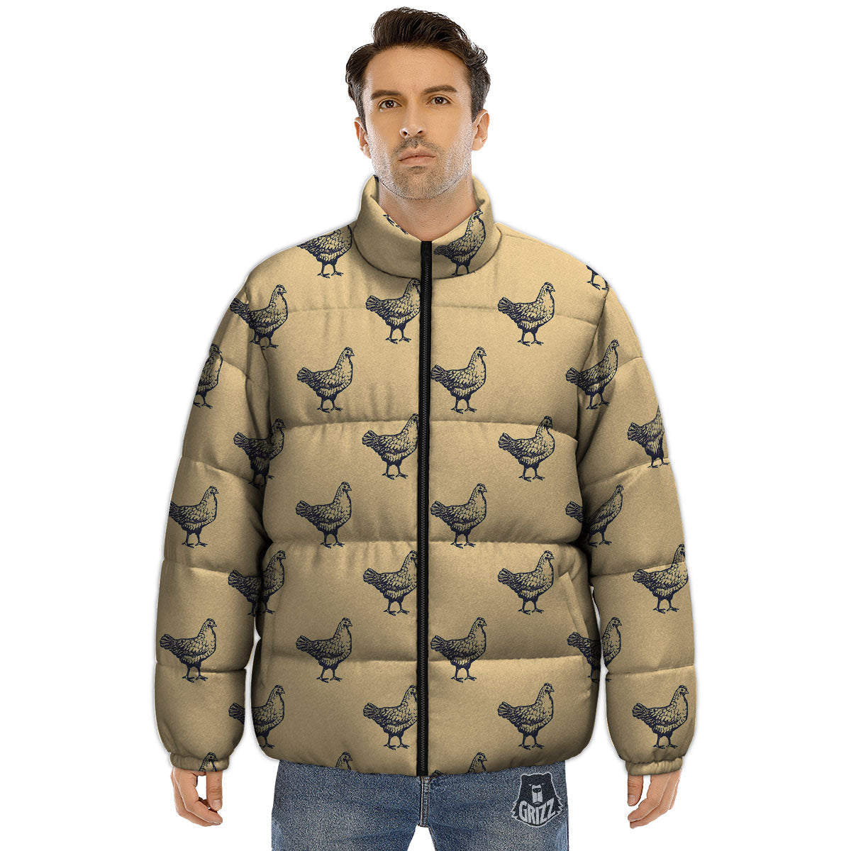Chicken Hand Drawn Print Pattern Puffer Jacket-grizzshop