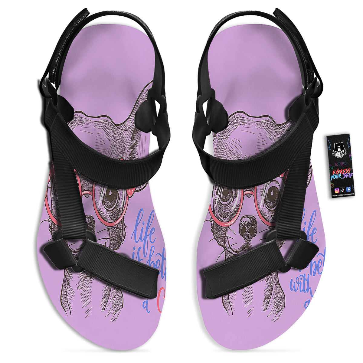 Chihuahua With Glasses Cute Print Black Open Toe Sandals-grizzshop