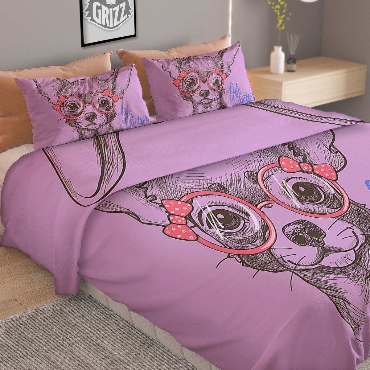 Chihuahua With Glasses Cute Print Duvet Cover Bedding Set