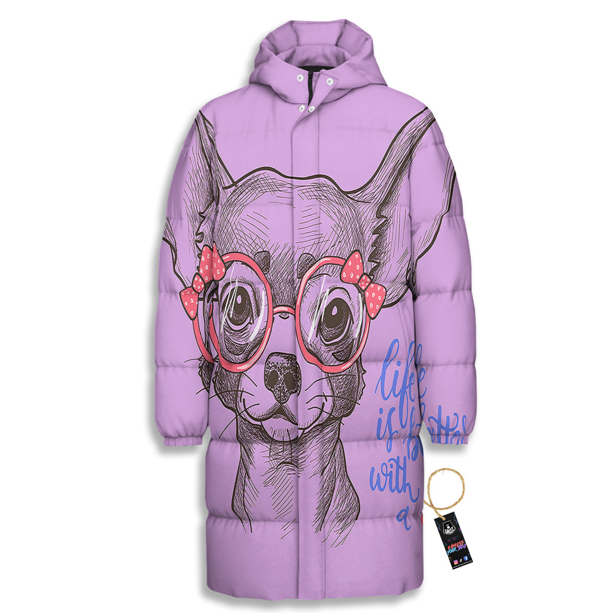 Chihuahua With Glasses Cute Print Long Down Jacket-grizzshop