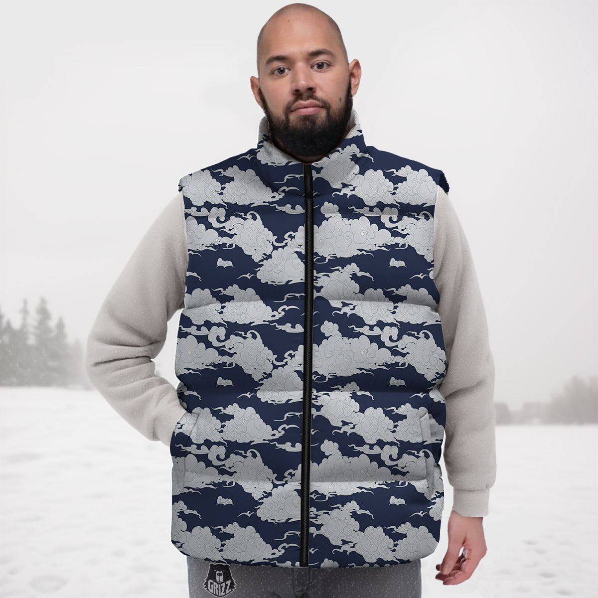 Chinese Cloud Print Pattern Down Vest-grizzshop