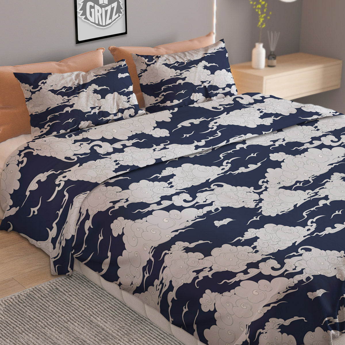 Chinese Cloud Print Pattern Duvet Cover Bedding Set-grizzshop