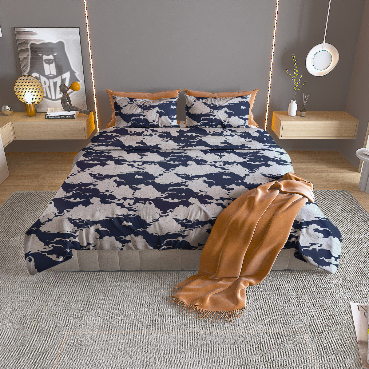 Chinese Cloud Print Pattern Duvet Cover Bedding Set-grizzshop