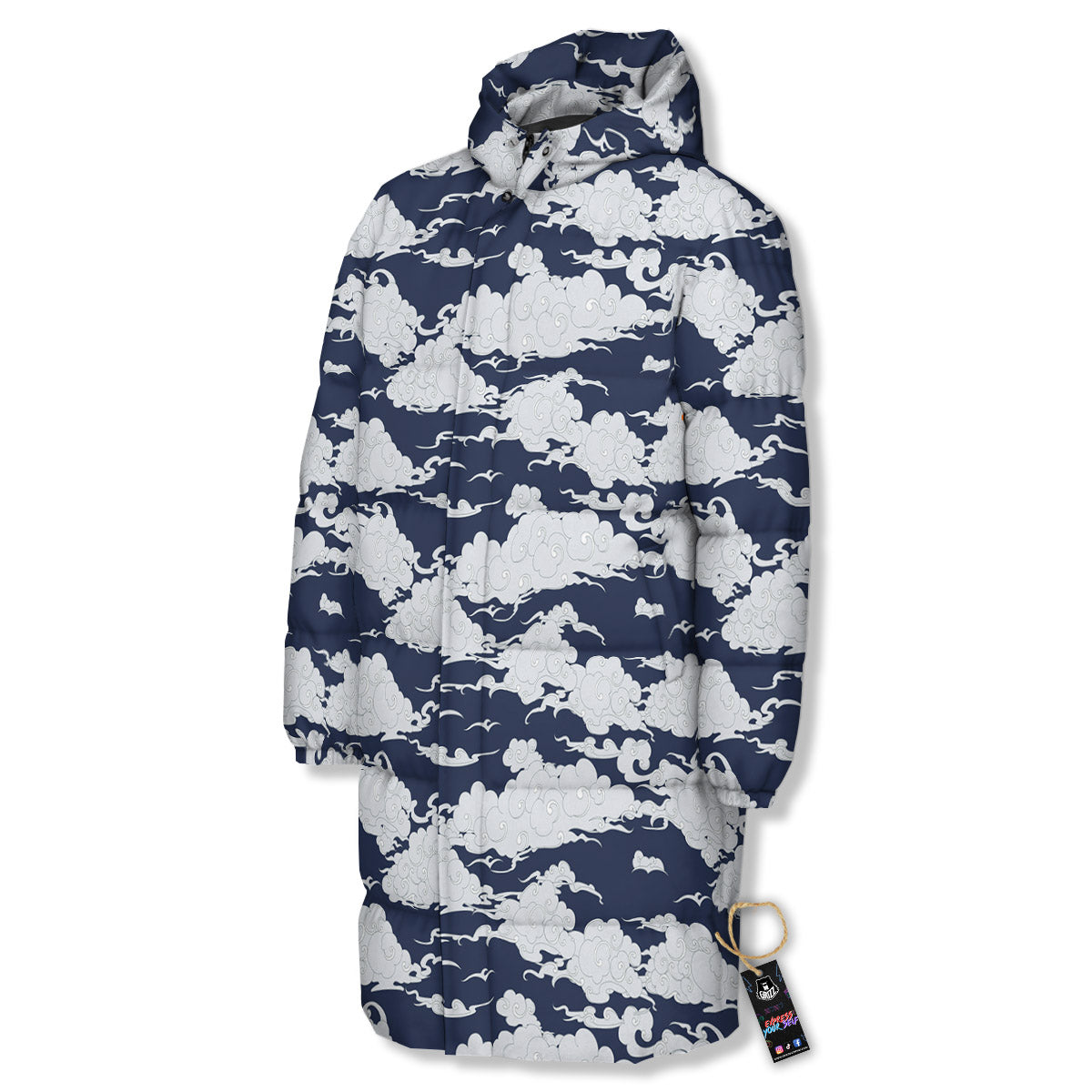 Chinese Cloud Print Pattern Long Down Jacket-grizzshop