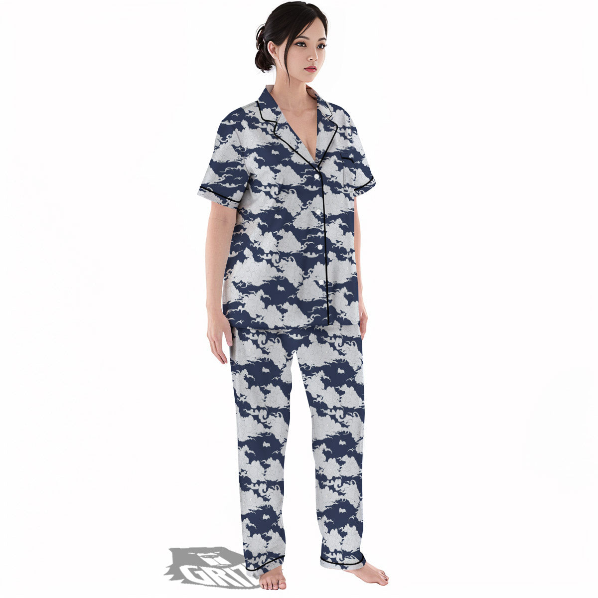Chinese Cloud Print Pattern Women's Pajamas Set-grizzshop
