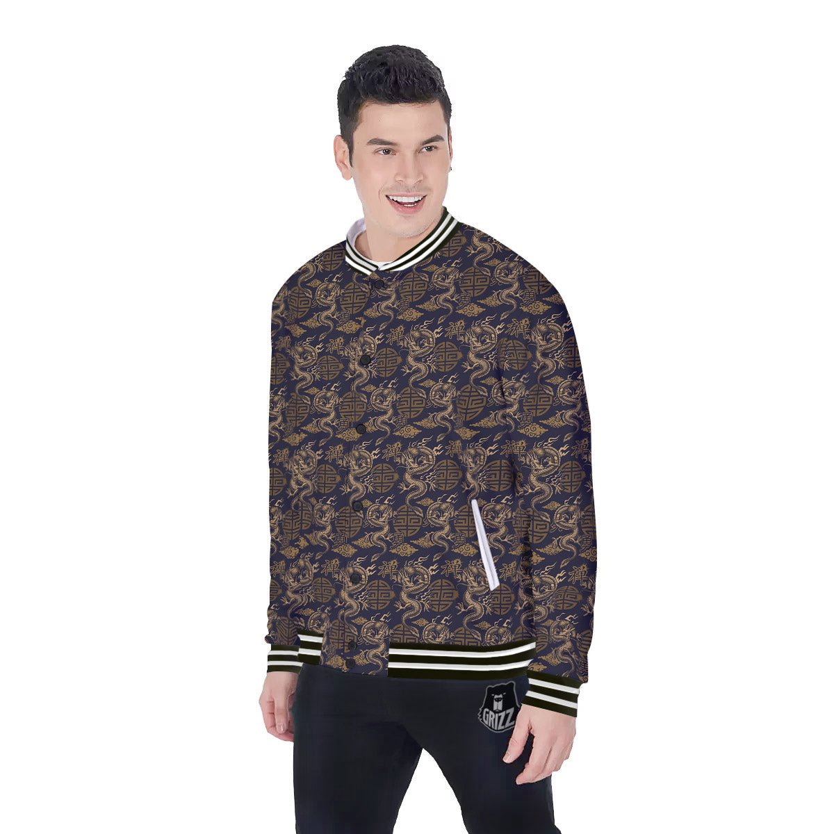 Chinese Dragon Print Pattern Baseball Jacket-grizzshop