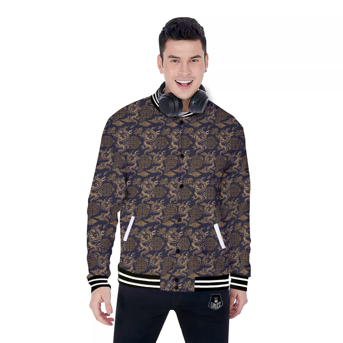Chinese Dragon Print Pattern Baseball Jacket-grizzshop