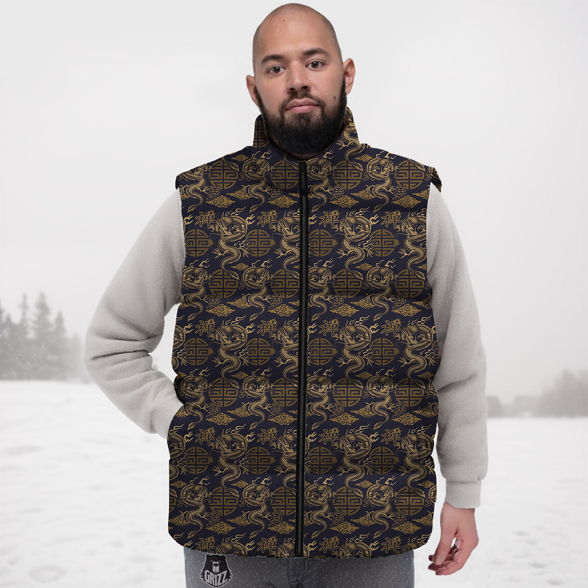 Chinese Dragon Print Pattern Down Vest-grizzshop