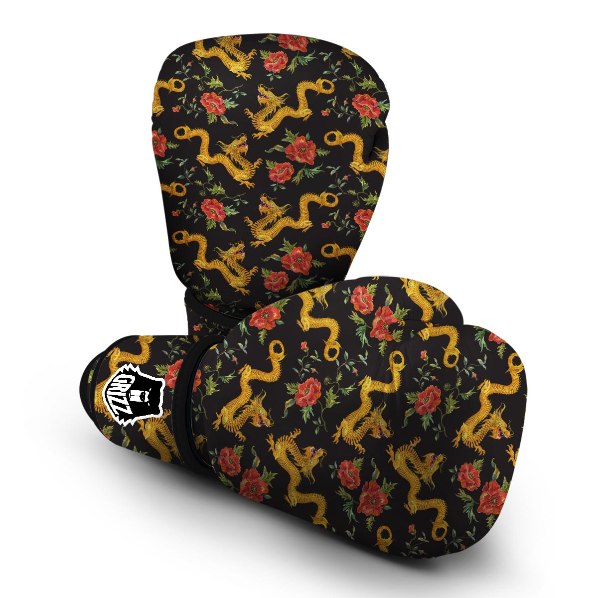 Chinese Dragon Rose Pattern Print Boxing Gloves-grizzshop