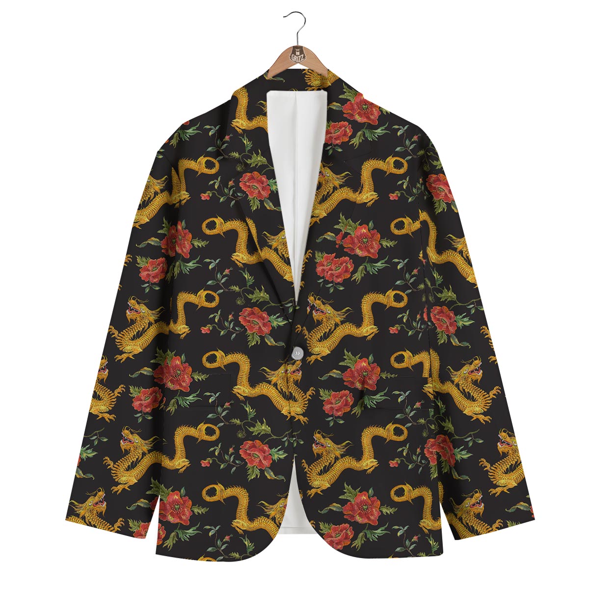 Chinese Dragon Rose Pattern Print Men's Blazer-grizzshop
