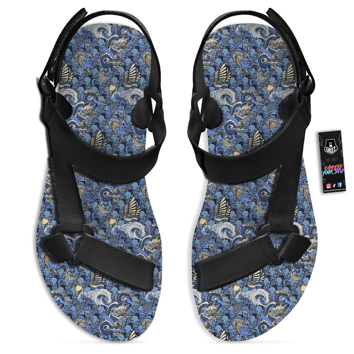 Chinese Dragon Sea Print Pattern Black Open Toe Sandals-grizzshop