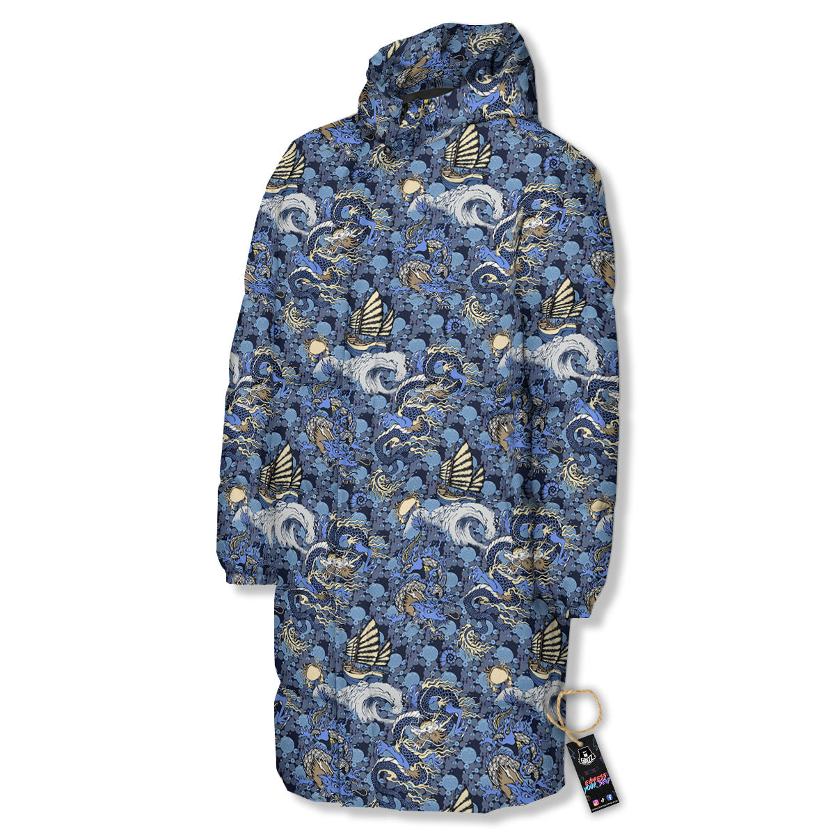 Chinese Dragon Sea Print Pattern Long Down Jacket-grizzshop