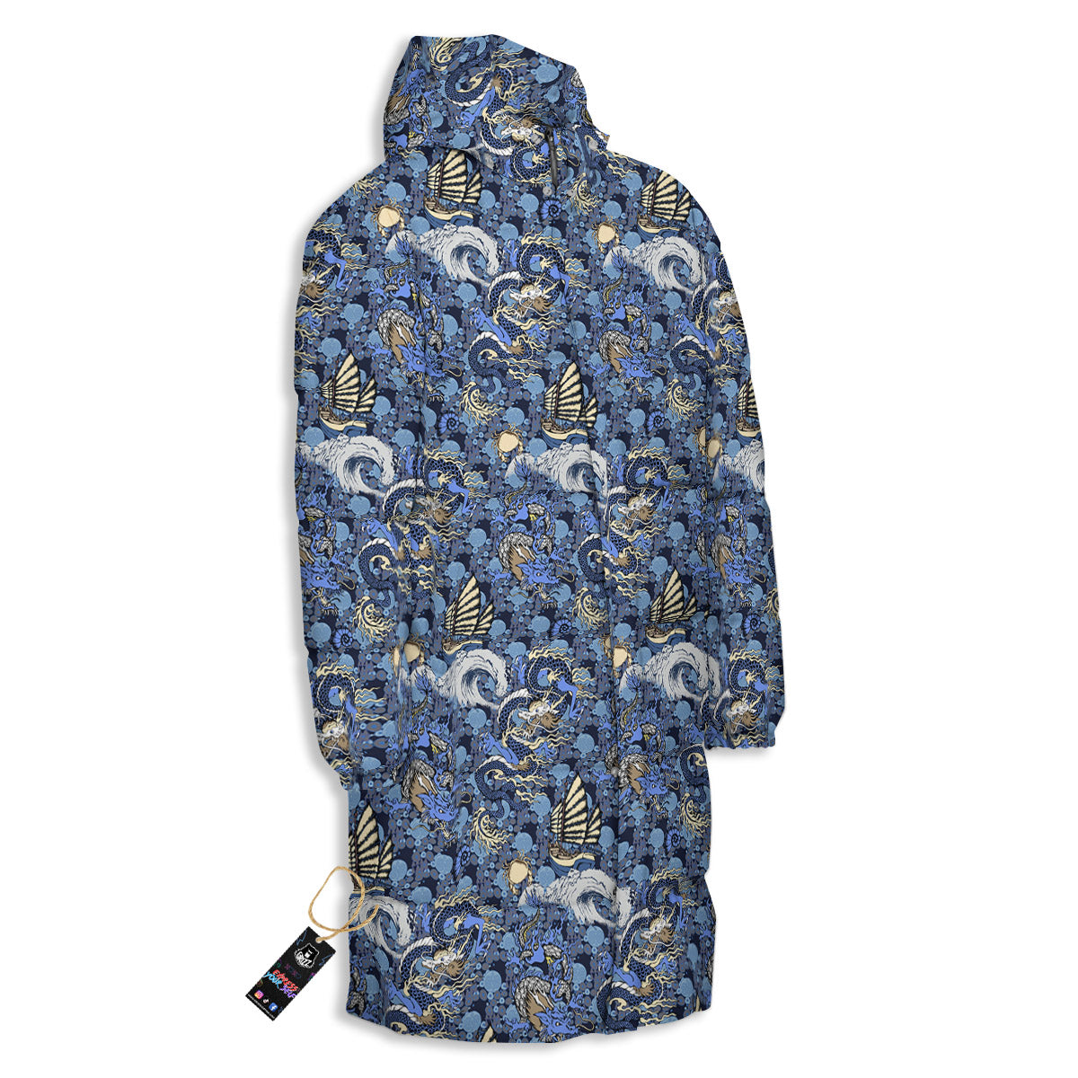 Chinese Dragon Sea Print Pattern Long Down Jacket-grizzshop