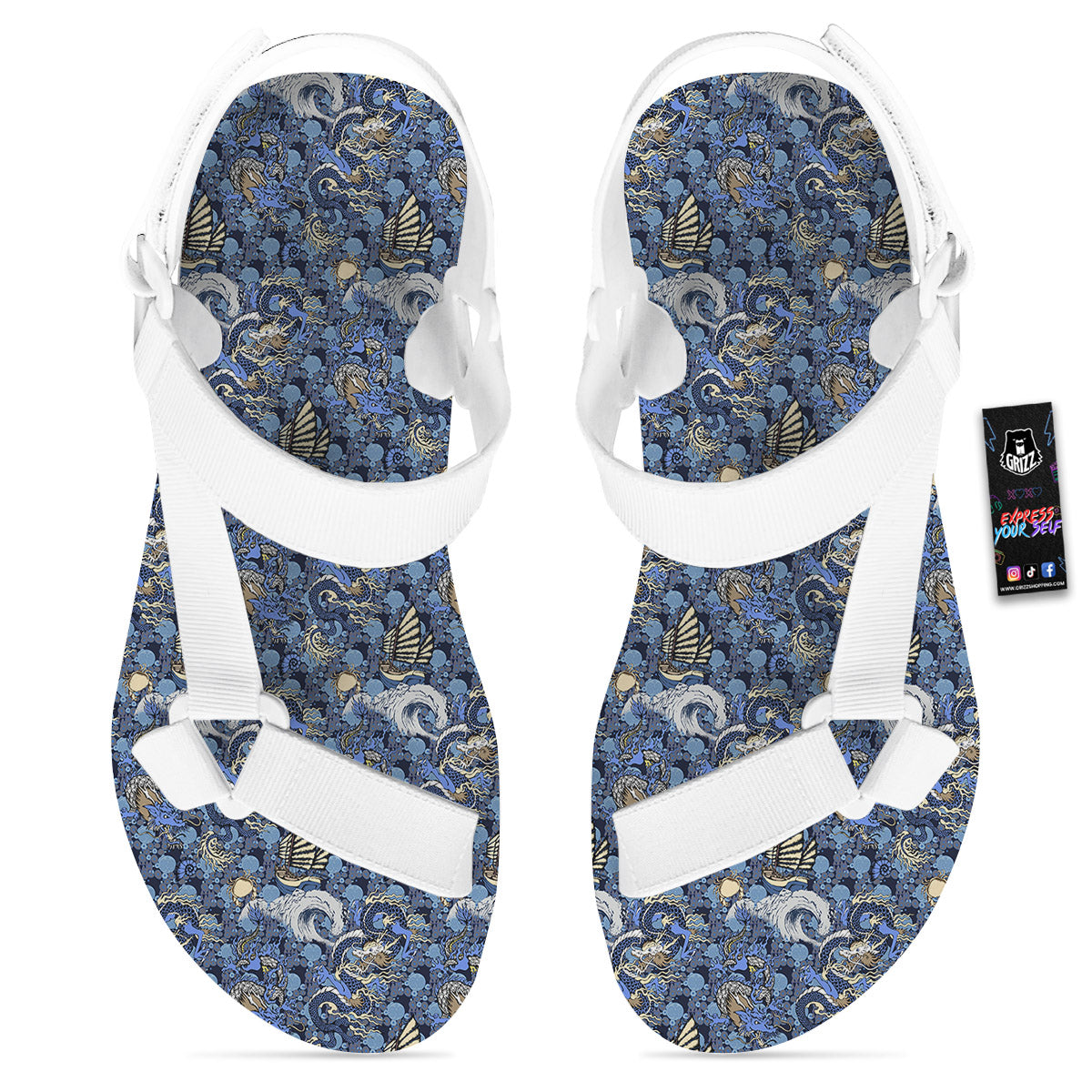 Chinese Dragon Sea Print Pattern White Open Toe Sandals-grizzshop