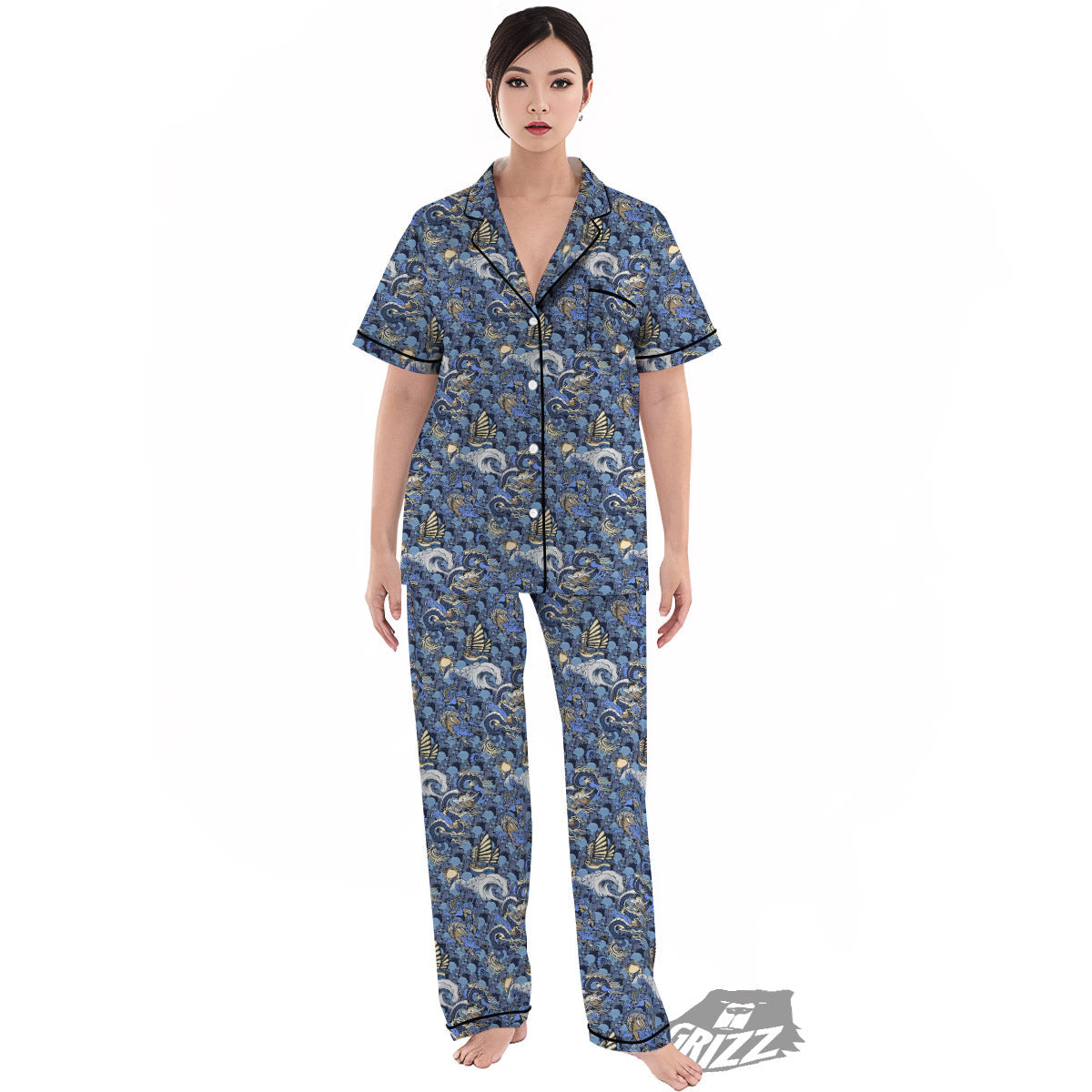 Chinese Dragon Sea Print Pattern Women's Pajamas Set-grizzshop