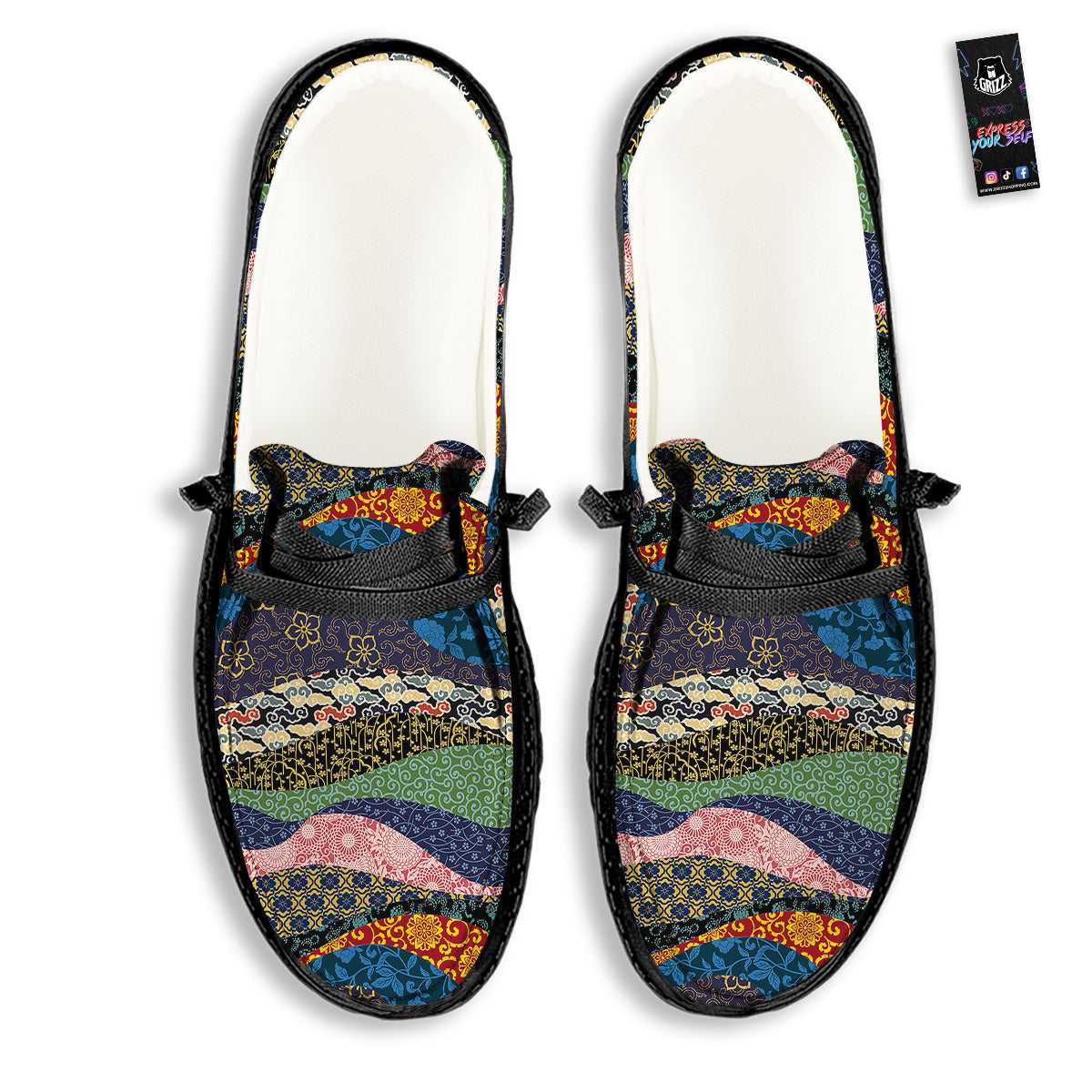 Chinese Fabric Art Print Pattern Black Loafers-grizzshop