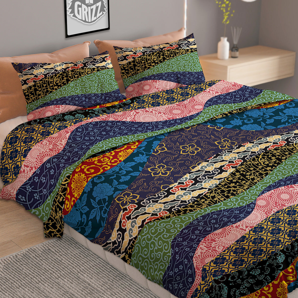 Chinese Fabric Art Print Pattern Duvet Cover Bedding Set