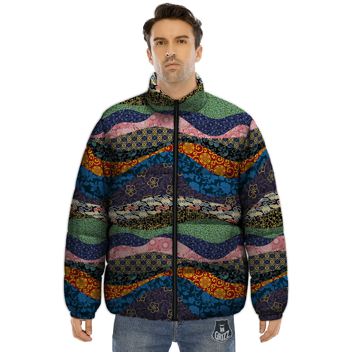 Chinese Fabric Art Print Pattern Puffer Jacket-grizzshop